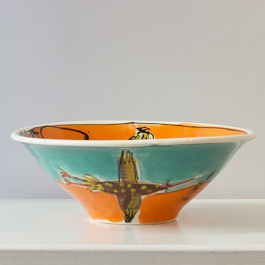 PH104C: Large bowl with brown bird on orange and teal