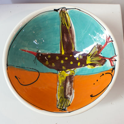 PH104C: Large bowl with brown bird on orange and teal