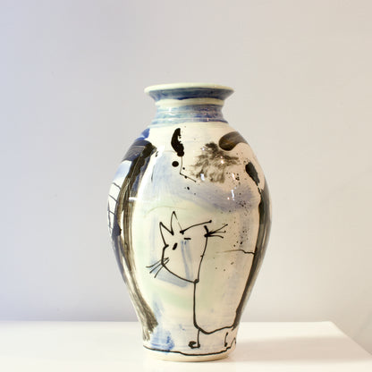 PH237C: Blue, black and white vase with cats