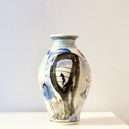 PH237C: Blue, black and white vase with cats
