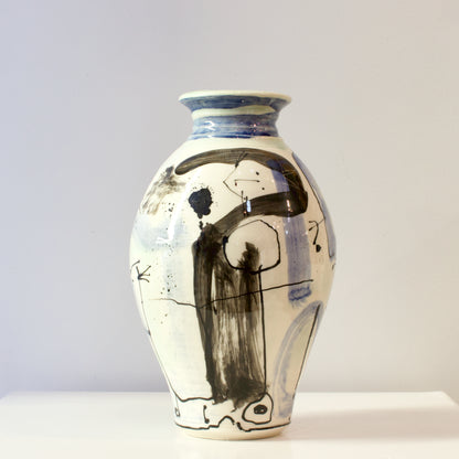 PH237C: Blue, black and white vase with cats